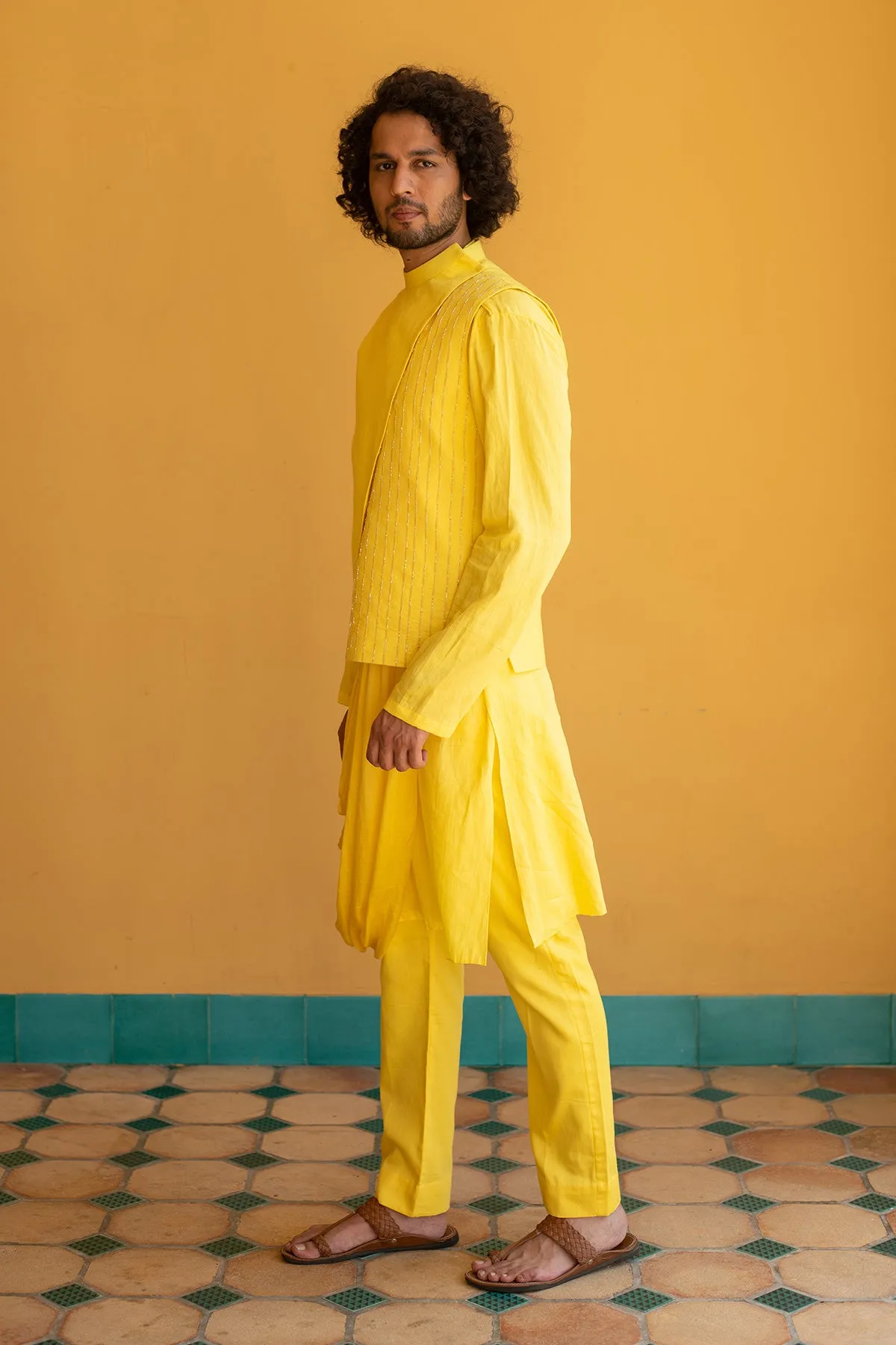 MEHERZAD - Embroidered Organic Cotton Dobby Yellow Nehru Jacket