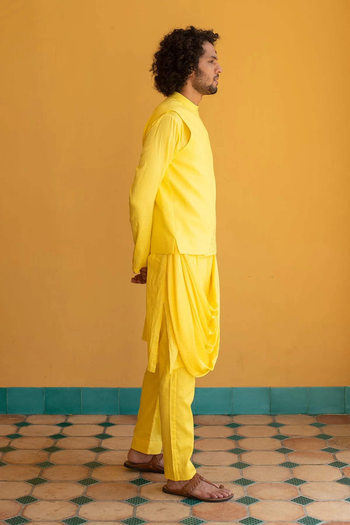 MEHERZAD - Embroidered Organic Cotton Dobby Yellow Nehru Jacket