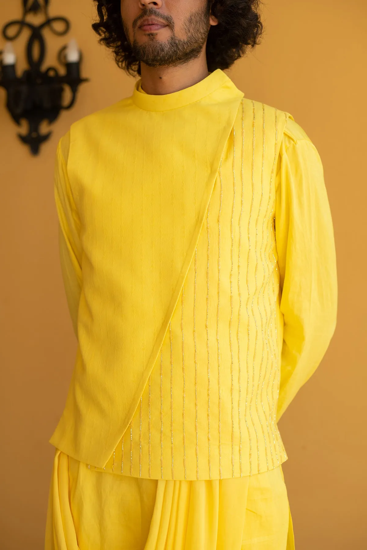 MEHERZAD - Embroidered Organic Cotton Dobby Yellow Nehru Jacket