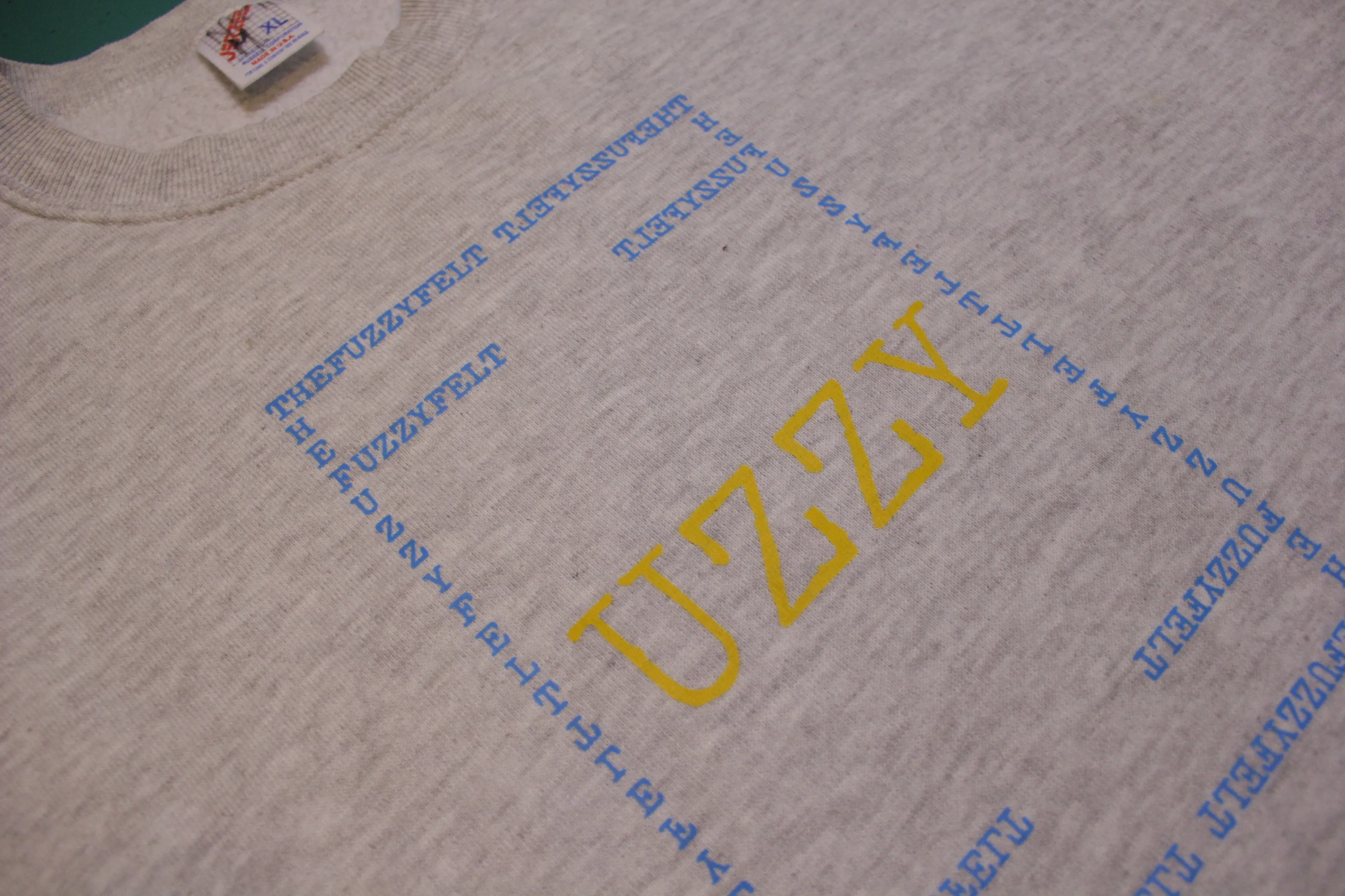 "UZZY" Fuzzy Felt Custom Hand Printed Logo On Authentic Vintage Sweatshirt