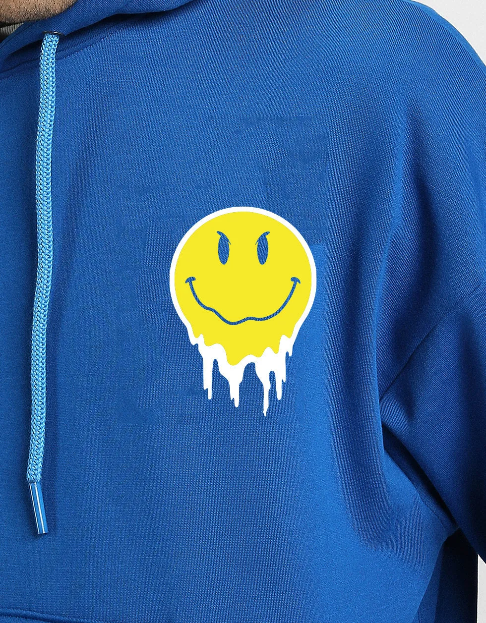 Smile Blue Oversized Pocket Graphic Printed Hoodie