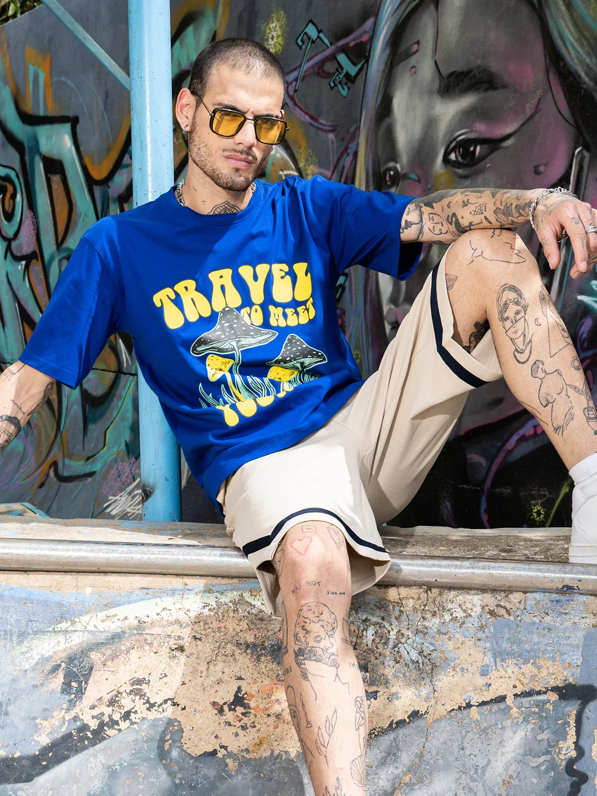 Blue Oversized Tshirt with Bold Chest Graphic Print - Ideal for Travel