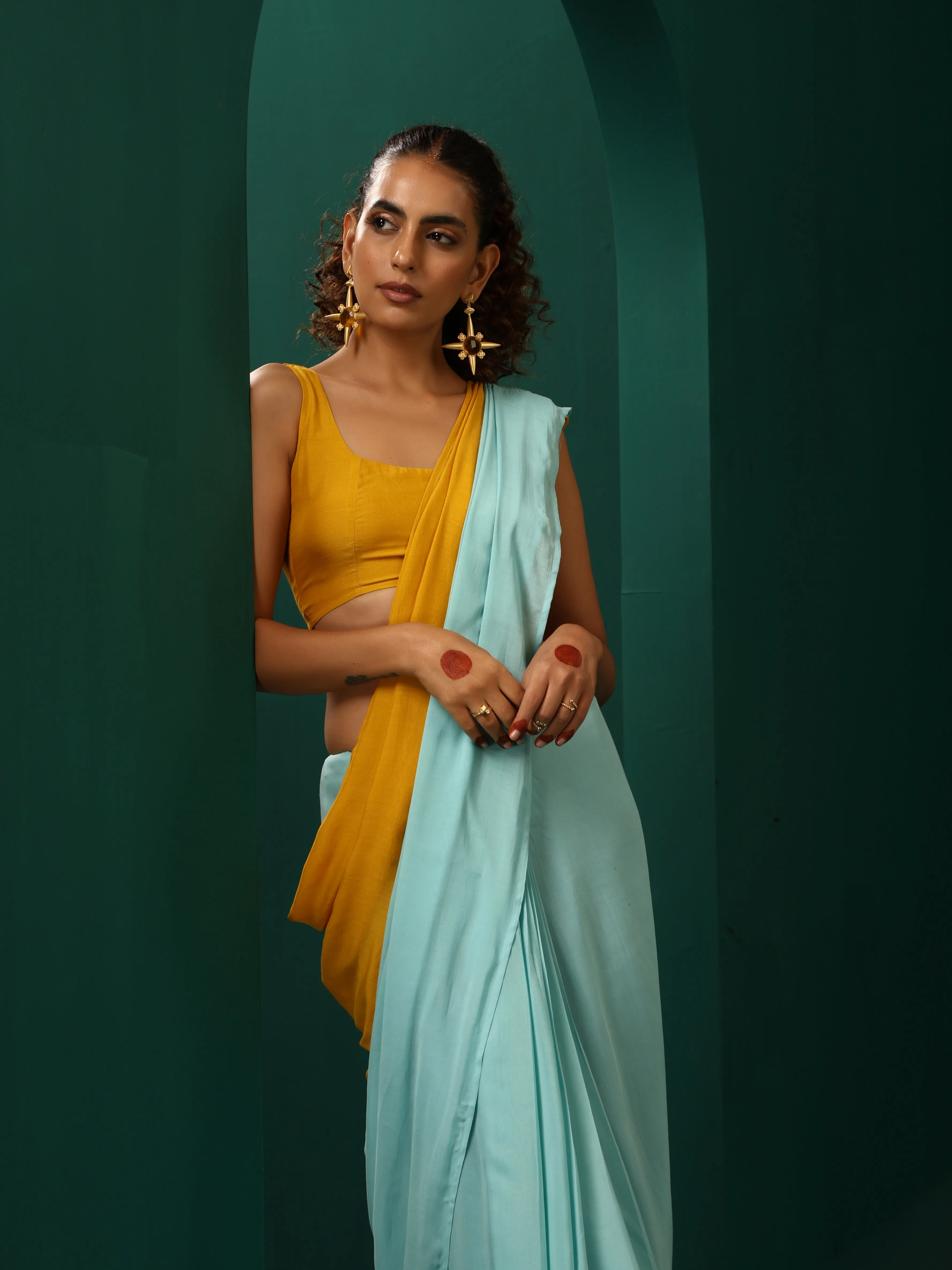 trueBrowns Blue Mustard Muslin Silk Ready To Wear Saree