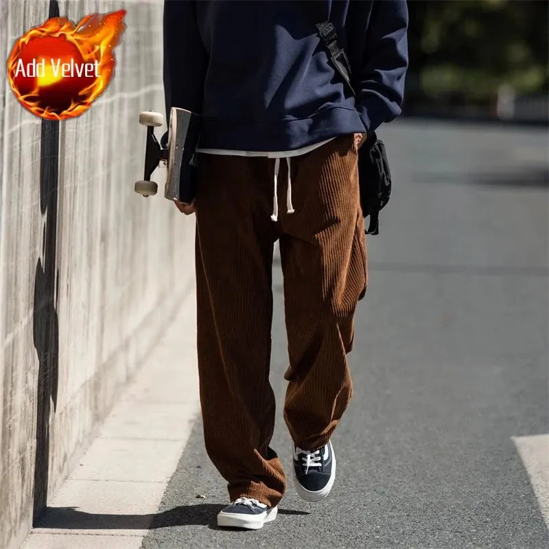 Wiaofellas  -  Men's Sweatpants Straight Corduroy Trousers Autumn and Winter Black Male Sports Pants Original Clothing Harajuku Elastic Gym Xxl