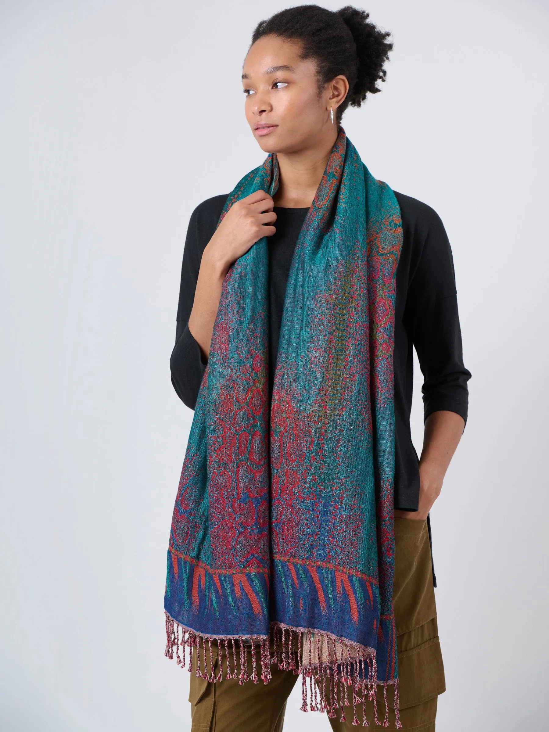 Wool Cotton Jacquard Scarf - Forest